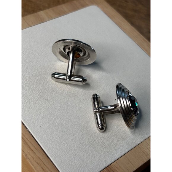 Silver Cufflinks With Blue Crystal Center & Circular Design - Picture 3 of 6
